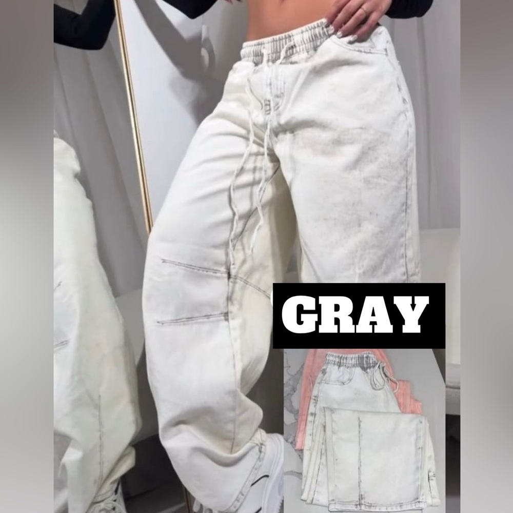 🍒BOGO50%🍒 🆕🩶AMERICAN BAZI: GRAY Drawstring Acid Washed Barrel Jeans LARGE 10-12